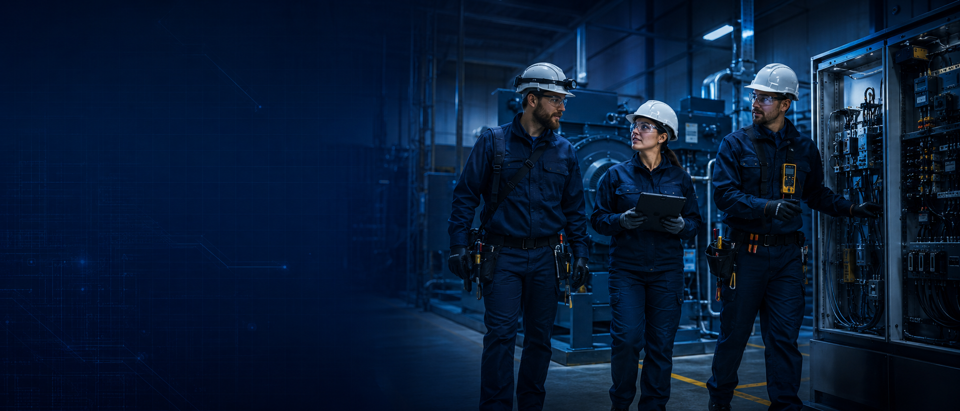 IES technicians walking through an industrial electrical facility