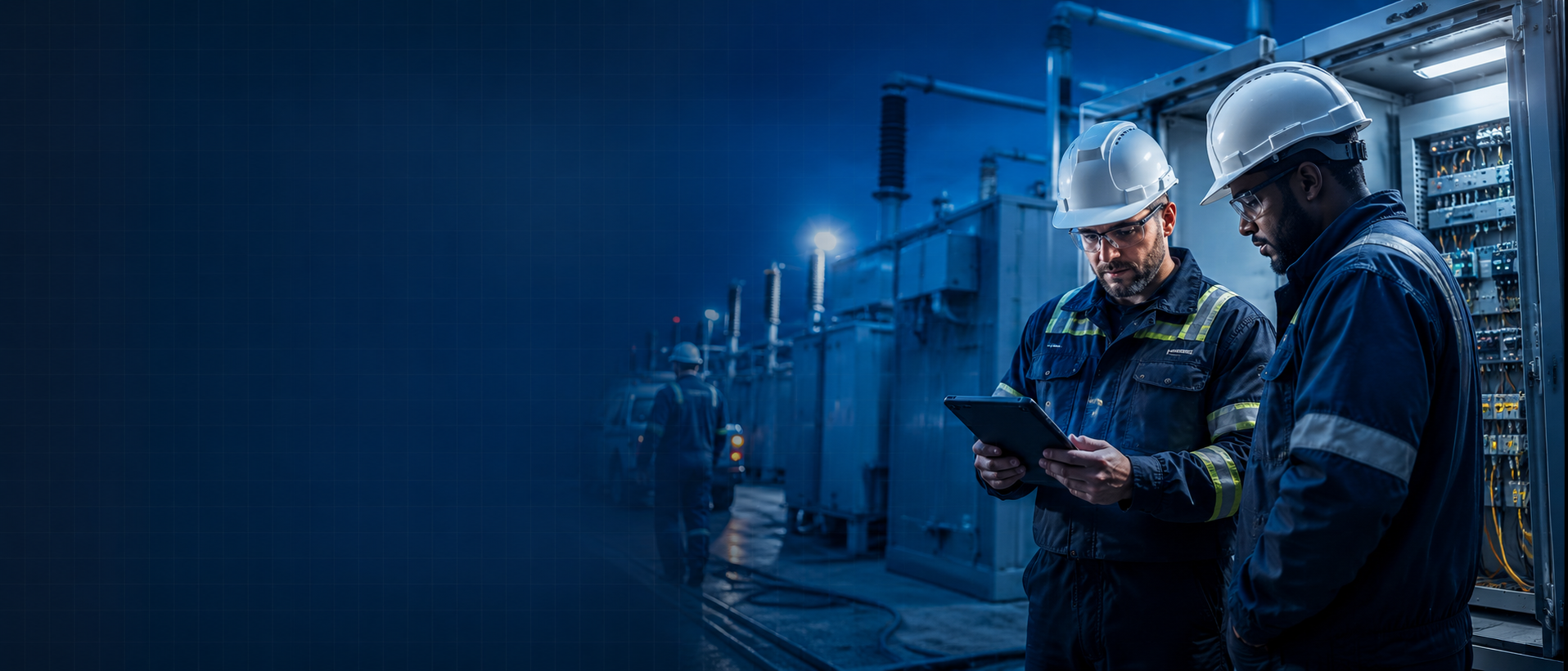 IES technicians reviewing field information near energized electrical equipment